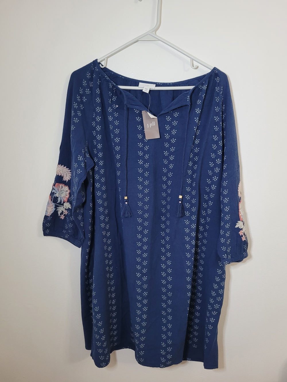 J.Jill Blue Boho Embroidered 3/4 Sleeve Tassel Tie Dress Size Medium Petite BNWT